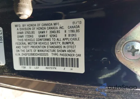 2013 Honda Civic Ex from USA, damaged, VIN 2HGFG3B83DH503325